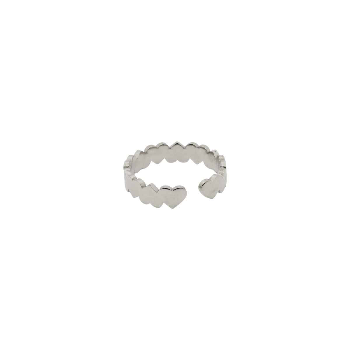 Back view of silver plated hearts open ring showing the adjustable open band design and repeating heart motif