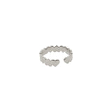 Back view of silver plated hearts open ring showing the adjustable open band design and repeating heart motif