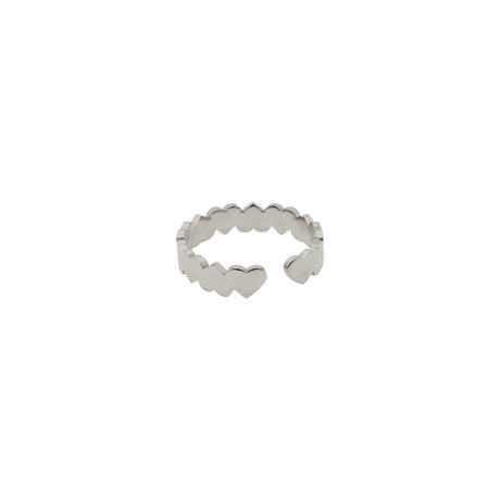 Back view of silver plated hearts open ring showing the adjustable open band design and repeating heart motif