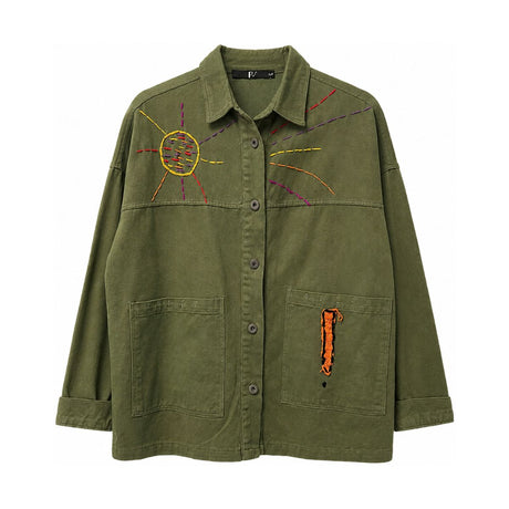 Olive green button down jacket with embroidered sunburst detail and textured orange pocket, flat lay product shot
