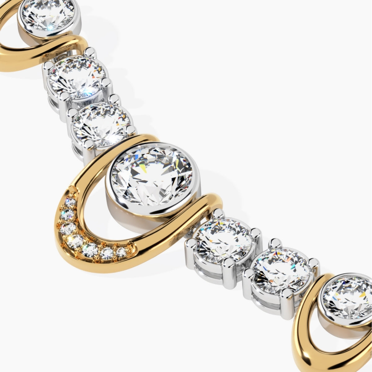 Close up of bezel set and prong set round lab-grown diamonds in 14k yellow gold open curved links, fine jewelry detail shot