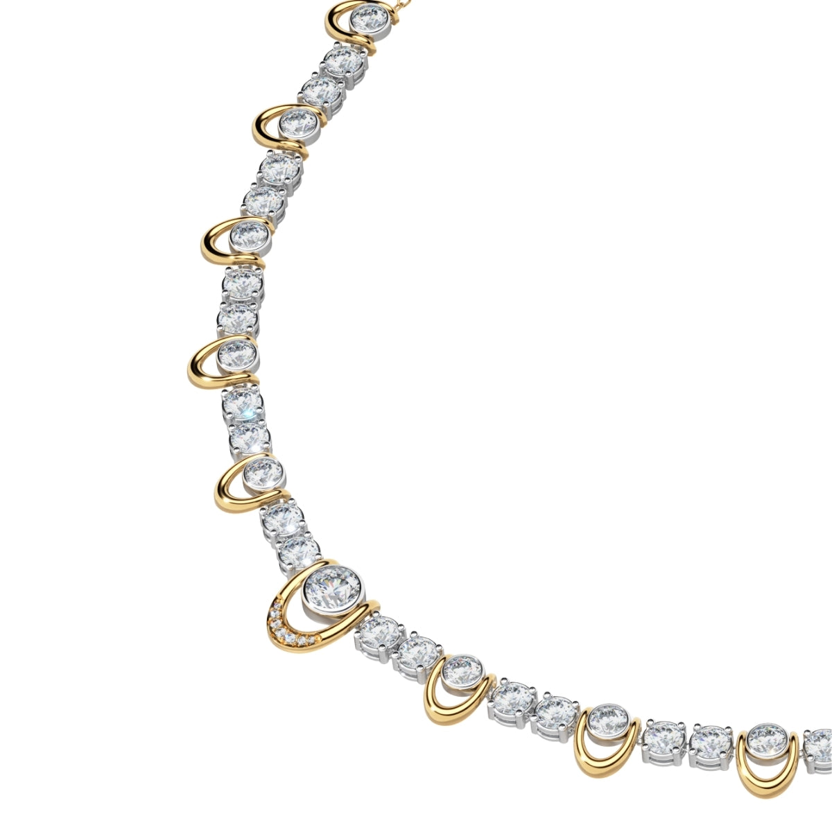 Angled close up of round lab-grown diamonds set in alternating bezel and prong settings along a 14k yellow gold necklace chain