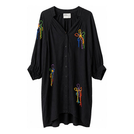 Black cotton shirt dress with colorful hand embroidered wildflower motifs, oversized silhouette with balloon sleeves