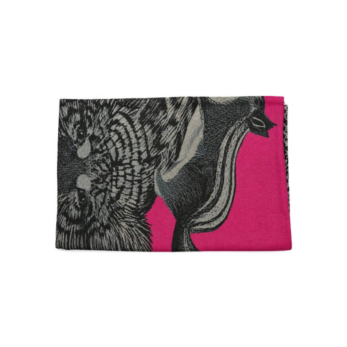 Folded You & Eye animal print fuchsia scarf in 100% cashmere showing intricate tiger illustration on a bright fuchsia background.
