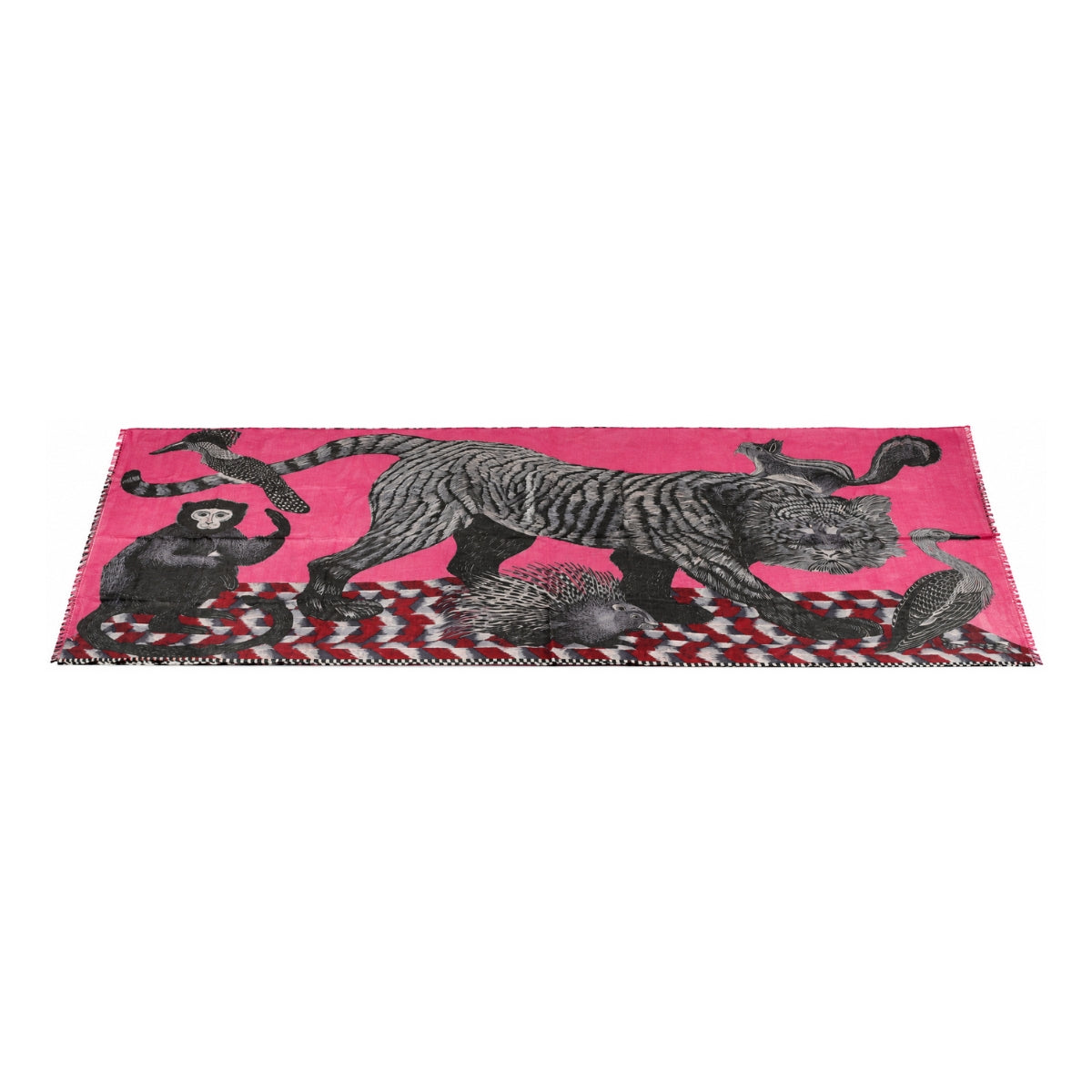 Full length view of the You & Eye animal print fuchsia scarf displaying the detailed wildlife artwork and fuchsia base.