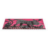Full length view of the You & Eye animal print fuchsia scarf displaying the detailed wildlife artwork and fuchsia base.