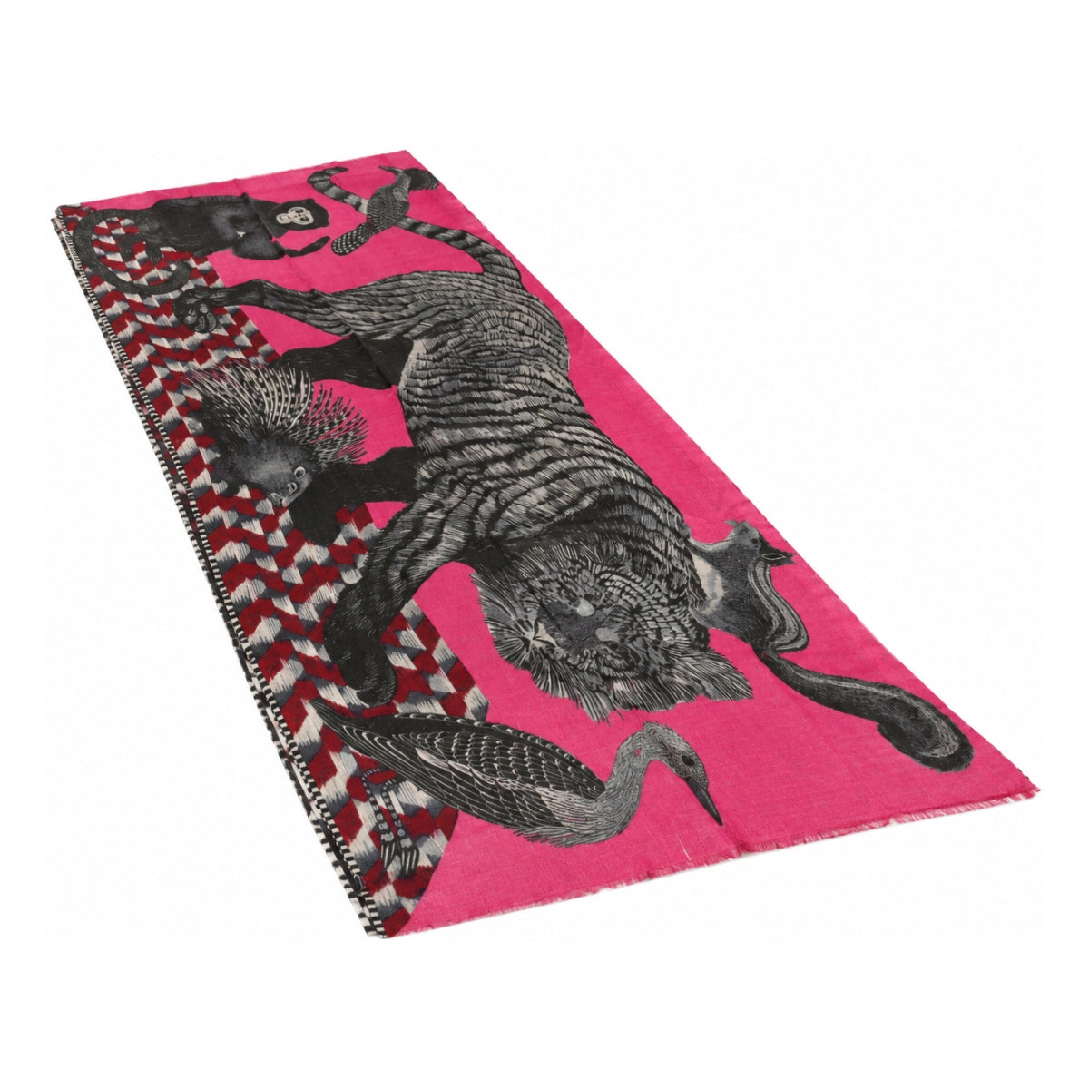 Flat lay view of You & Eye animal print fuchsia scarf featuring a prowling tiger and jungle animals on a geometric pattern.
