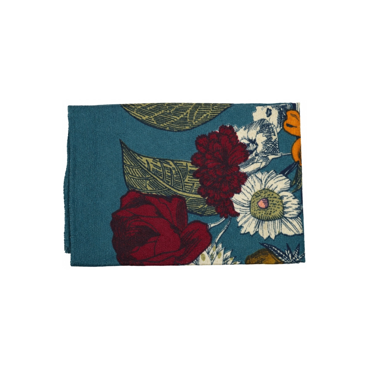 Close-up of the scarf's opposite end in deep teal blue with burgundy and white floral accents