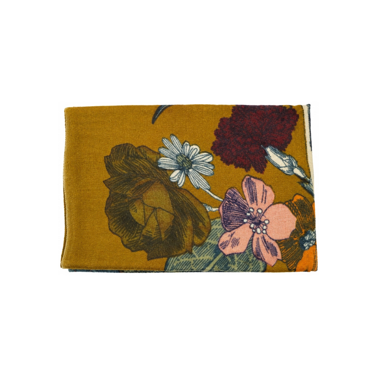 Olive gold cashmere scarf folded, showing the floral vase print in dusty pink, white, and green