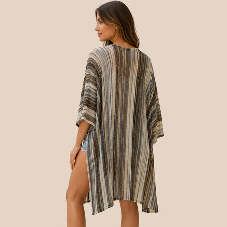 Back view of You & Eye neutral taupe and beige striped open-knit short kimono showing high side slit detail