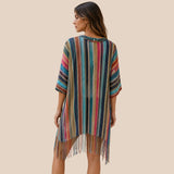 Back view of You & Eye metallic jewel tone striped open-knit short kimono showing fringe hem details