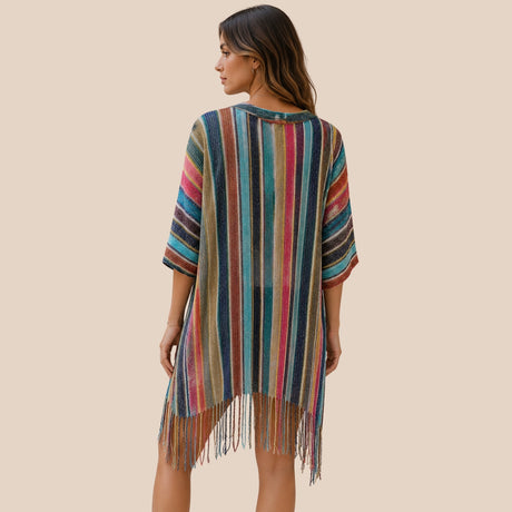 Back view of You & Eye metallic jewel tone striped open-knit short kimono showing fringe hem details