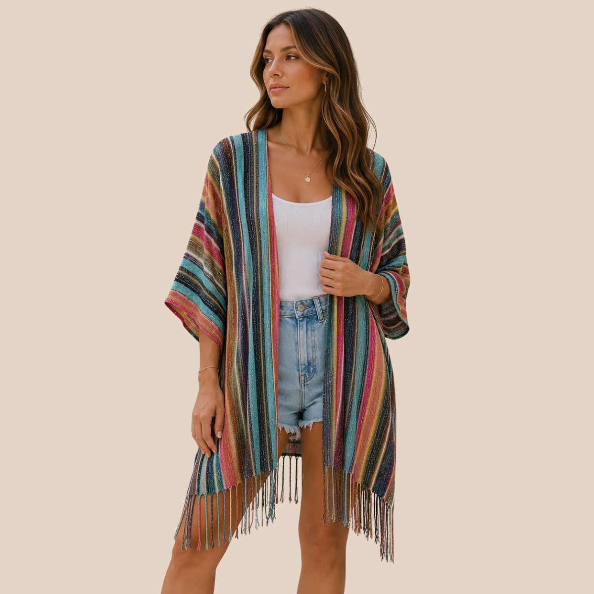 Jewel Stripe Knit Short Kimono with Fringe