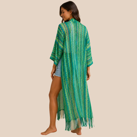 Back view of You & Eye green and turquoise chevron open-knit long kimono cover-up showing full duster length and fringe details