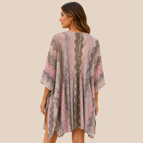 Back view of You & Eye dusty pink and taupe chevron open-knit short kaftan showing the gathered elastic waist detail