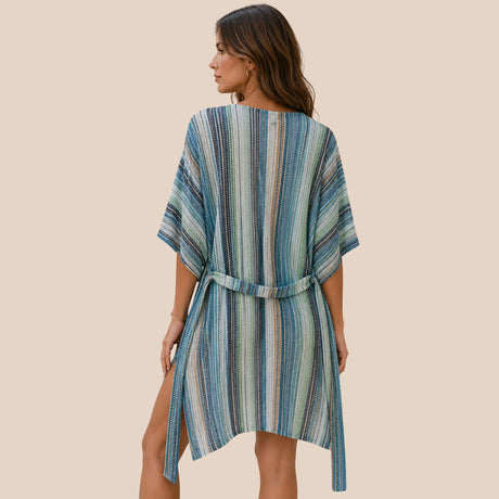 Back view of You & Eye ocean blue striped open-knit short kimono showing tied waist belt detail and side slits