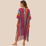 Back view of You & Eye colorful chevron open-knit long kimono cover-up highlighting the full duster length and fringe details