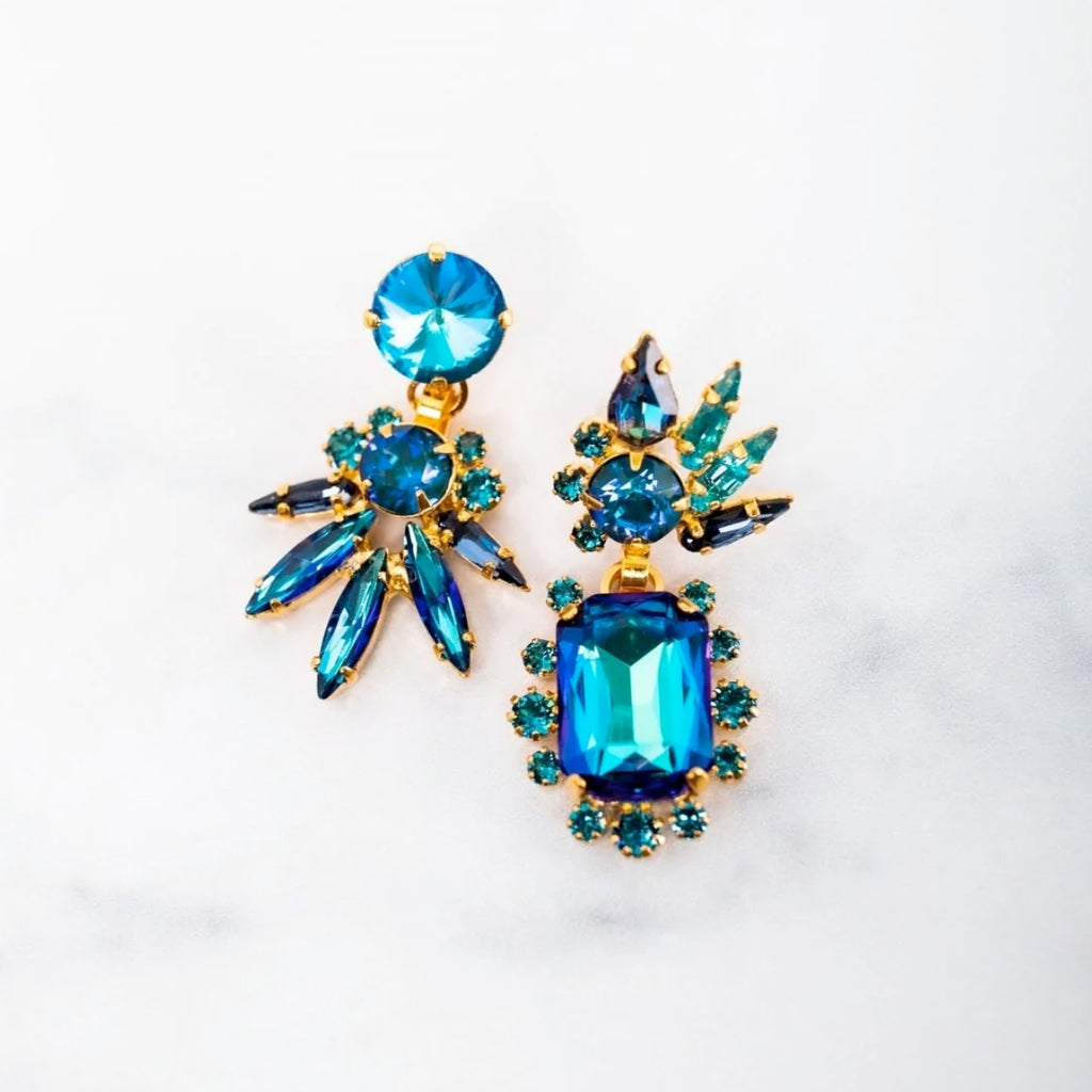 Elizabeth Cole Eydie Blue Crystals Mismatched Earrings | Boom & Mellow