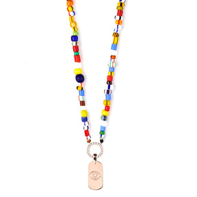 Diane Kordas Rainbow Beaded Necklace Evil Eye Tag Pendant