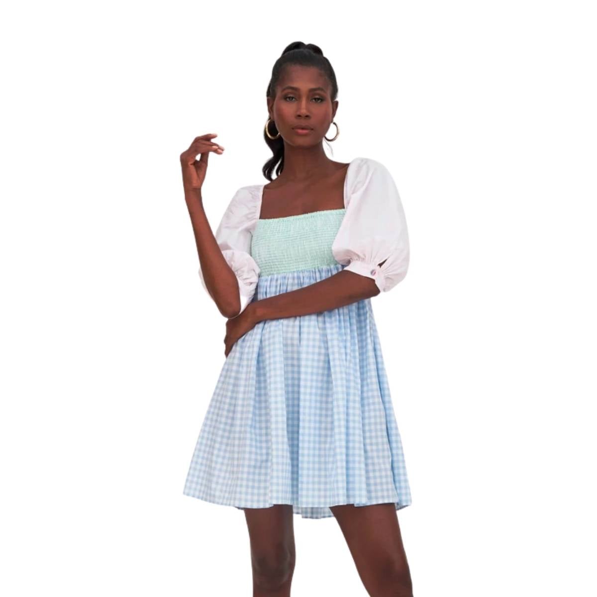 Pitusa Light Blue Checkered Pattern Babydoll Dress