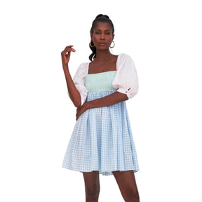 Pitusa Light Blue Checkered Pattern Babydoll Dress