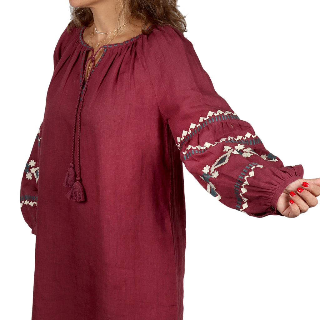 Citrus Wine Puff Sleeves Boho Embroidered Tunic Dress | Boom & Mellow