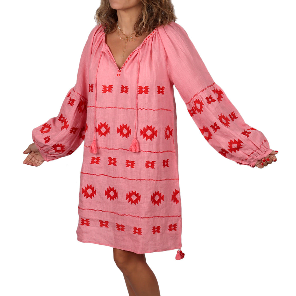 Citrus Pink Puff Sleeves Boho Embroidered Tunic Dress | Boom & Mellow