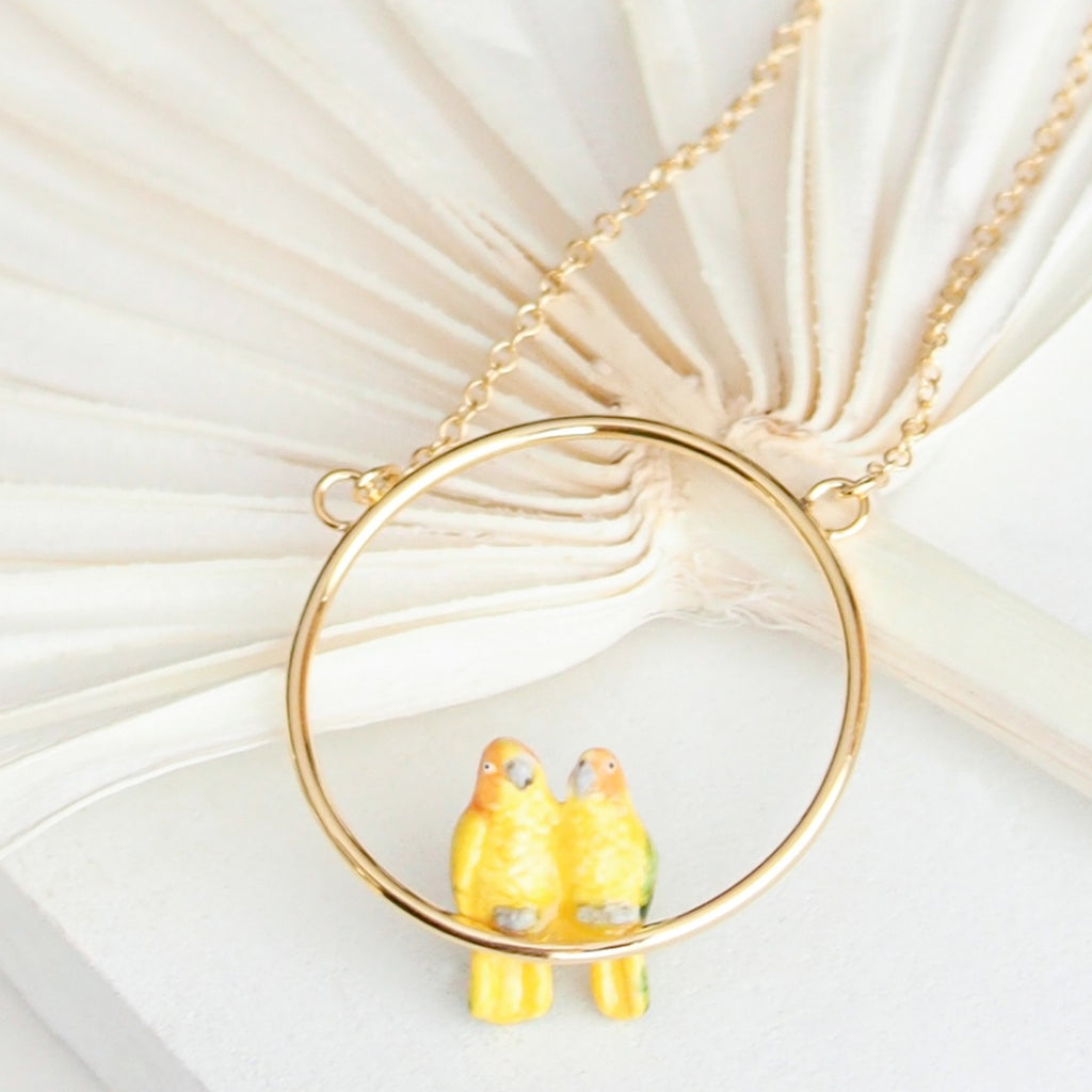 Nach Bijoux Yellow Parrots Couple Mini Round Necklace | Boom & Mellow
