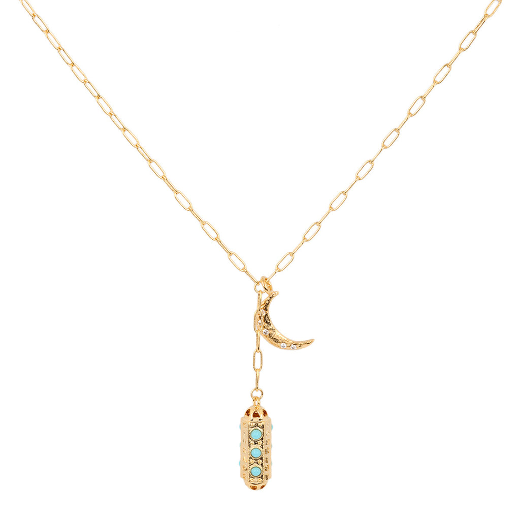 Theia Gold Petra Moon and Amulet Turquoise Y Necklace | Boom & Mellow
