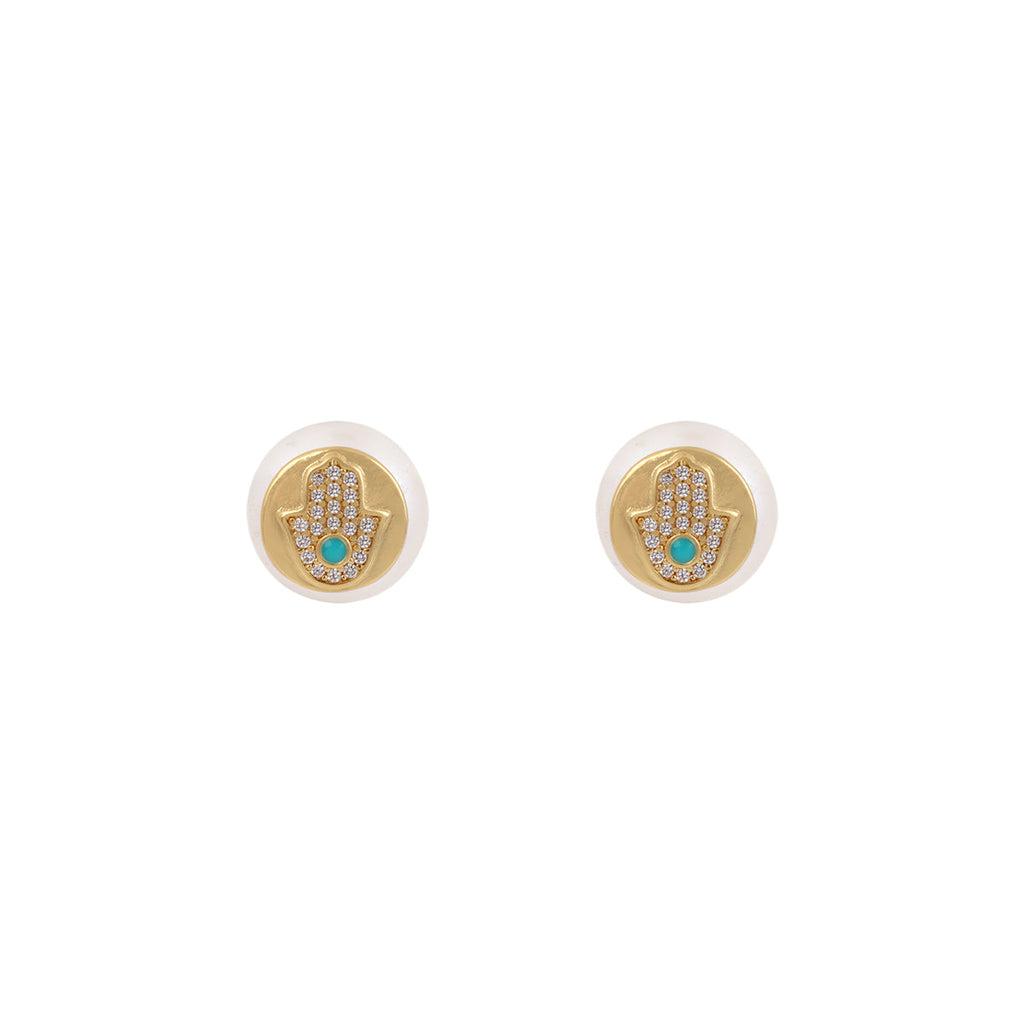 You & Eye Gold Pave Crystal Hamsa Round Stud Earrings | Boom & Mellow