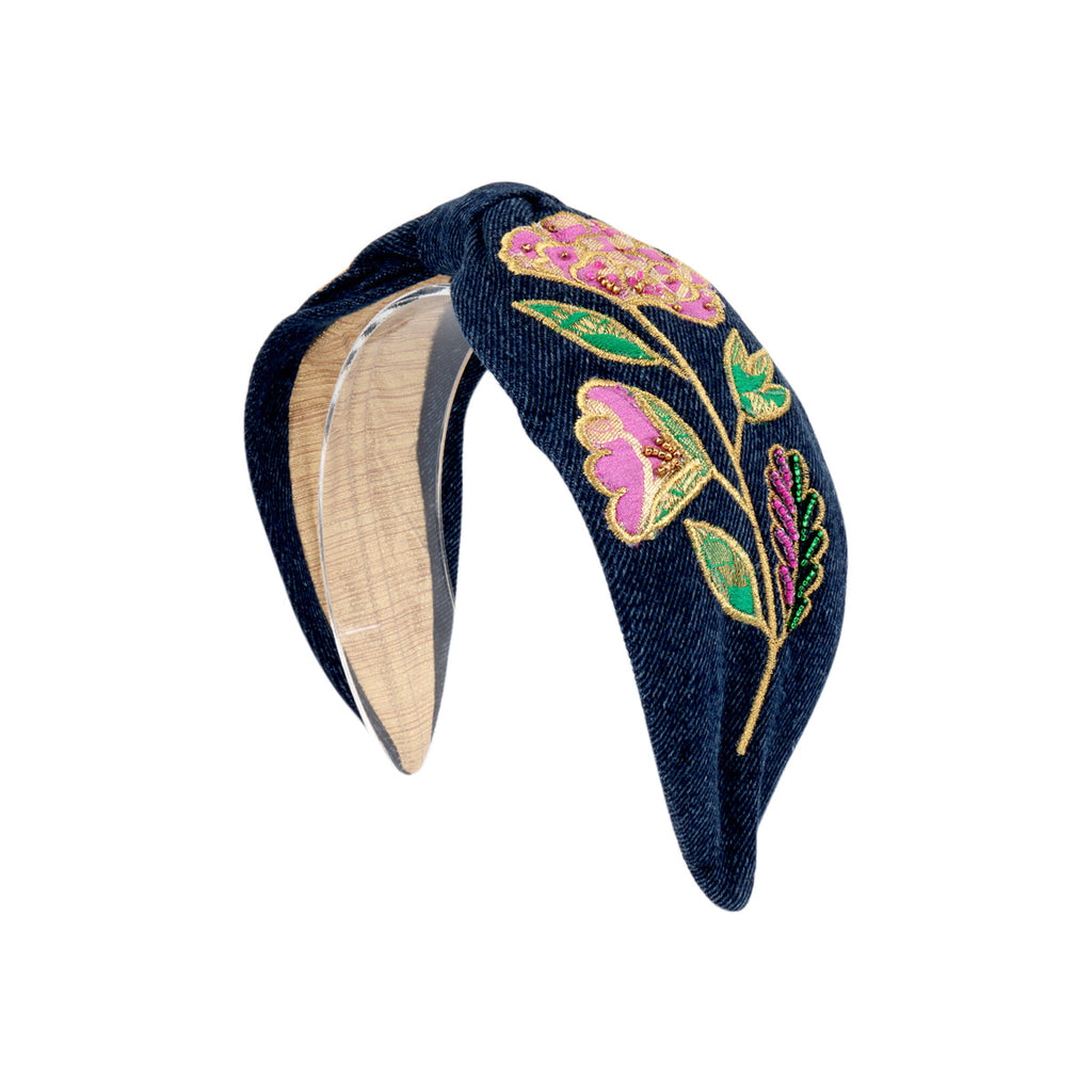 Namjosh Pink Flowers Denim Headband | Boom & Mellow