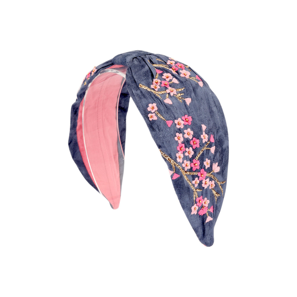 Namjosh Cherry Blossoms Blue Embroidered Headband | Boom & Mellow